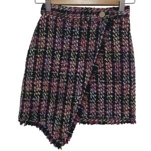 Asos Design Womens Size 2 Black Multi Color Fringe Asymmetrical‎ Tweed Skirt